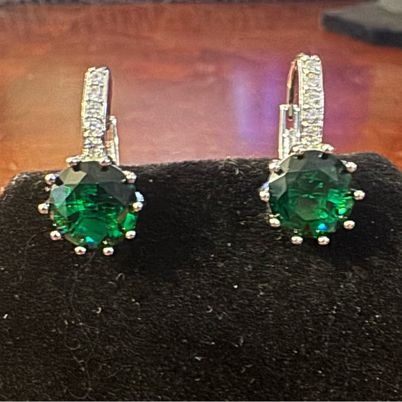 Emerald Green Color Round Zirconia Cz,  Luxury, Glam Earrings - Picture 3 of 6